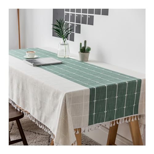Rechteckige Tischdecke, 120 x 120 cm, waschbar, Polyester mit Streifen und Karo, stilvolle Quasten, perfekt für Küche und Esszimmer, 120 x 120 cm, Beige / Grün von Generisch