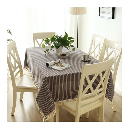 Rechteckige Tischdecke, 140 x 180 cm, waschbar, Baumwoll-Leinen-Bezug mit Quasten, einfaches Streifen-Design, ideal für Küche und Esstisch, Dekoration, Couchtisch-Zubehör von Generisch
