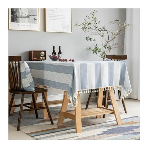 Rechteckige Tischdecke, 140 x 180 cm, waschbar, Polyester, Tischdecke mit Quasten, gestreiftes Design, für Picknicks, Partys und Esszimmer, stilvolle blaue Tischdekoration von Generisch