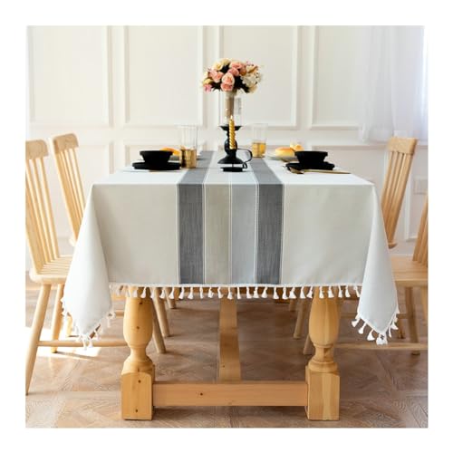 Rechteckige Tischdecke, 140 x 180 cm, waschbar, Polyester mit Quasten, grau gestreiftes Design, perfekt für Café, Restaurant, Buffet und Veranstaltungen, Tischdekoration von Generisch