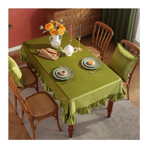 Rechteckige Tischdecke, 140 x 200 cm, waschbar, Polyester, Samt, gerüschter Rand, elegante einfarbige Dekoration, Olivgrün von Generisch