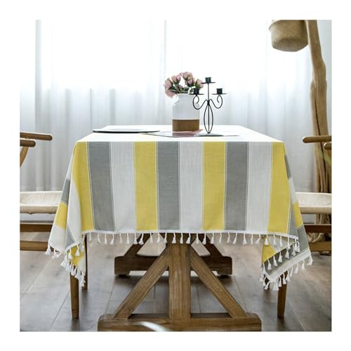 Rechteckige Tischdecke, 140 x 200 cm, waschbar, Polyester, gestreiftes Quasten-Design in Beige, Grau und Gelb, ideal für Küche und Esstisch von Generisch
