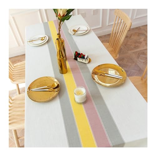 Rechteckige Tischdecke, 140 x 200 cm, waschbar, gestreift, Polyester, Tischdecke mit Spitzenrand, für Innen- und Außenbereich, Grau, Gelb, Rosa von Generisch