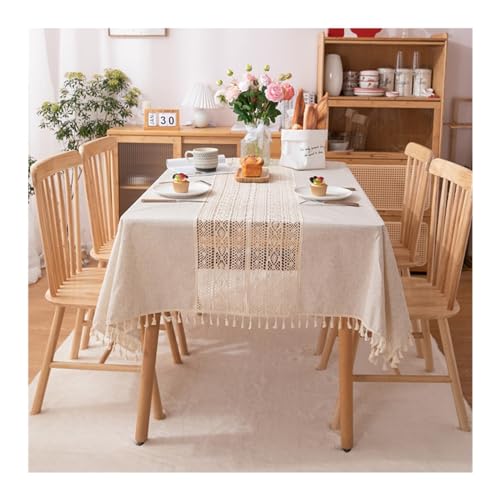 Rechteckige Tischdecke, 140 x 220 cm, waschbar, Polyester, mit Quasten-Design und hohlem Streifenmuster, ideal für Partys, Picknicks, Esszimmer und Gartendekoration, Beige von Generisch