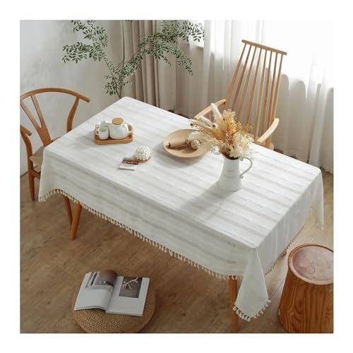 Rechteckige Tischdecke, 140 x 220 cm, waschbar, Polyester mit Quasten, für Café, Restaurant, Buffet und Heimdekoration, elegante Tischdecke für Veranstaltungen und Esszimmer, Beige von Generisch