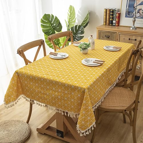 Rechteckige Tischdecke, 140 x 251 cm, Baumwolle, Schachbrettdesign mit Quasten, perfekt für Esszimmer, stilvolle Tischdecke für Partys und Events, Gelb von Generisch