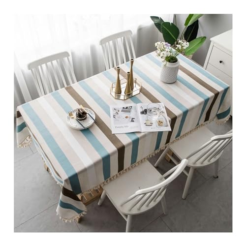 Rechteckige Tischdecke, 140 x 260 cm, waschbar, Baumwolle, Leinen, gestreift, mit Quasten, ideal für Picknicks, Partys und Abendessen, erhältlich in Beige/Blau und Kaffeefarben von Generisch
