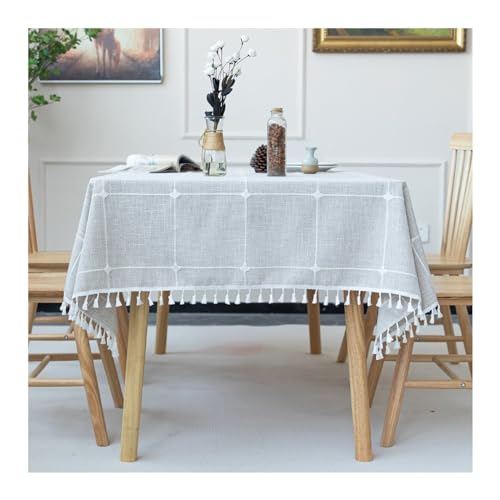Rechteckige Tischdecke, 140 x 260 cm, waschbar, Baumwollleinen, kariertes Design mit Quasten, ideal für Picknicks, Partys, Abendessen, Events, leichte und stilvolle Dekoration von Generisch