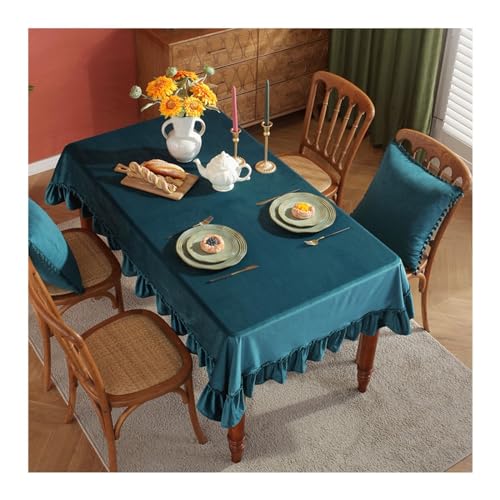 Rechteckige Tischdecke, 140 x 300 cm, waschbar, Polyester-Samt, gerüschter Rand, perfekt für Küche und Esszimmer, elegant, einfarbig, Blaugrün von Generisch