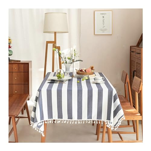 Rechteckige Tischdecke, 90 x 140 cm, waschbar, Polyester, mit Streifen und Quasten, stilvolle graublaue Tischdecke für drinnen und draußen von Generisch