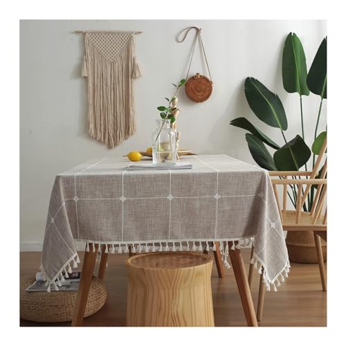Rechteckige Tischdecke, 90 x 90 cm, waschbar, Polyester, elegant bestickt, kariert, mit Quasten, ideal für Küche und Esszimmer, helles Kaffeefarben von Generisch