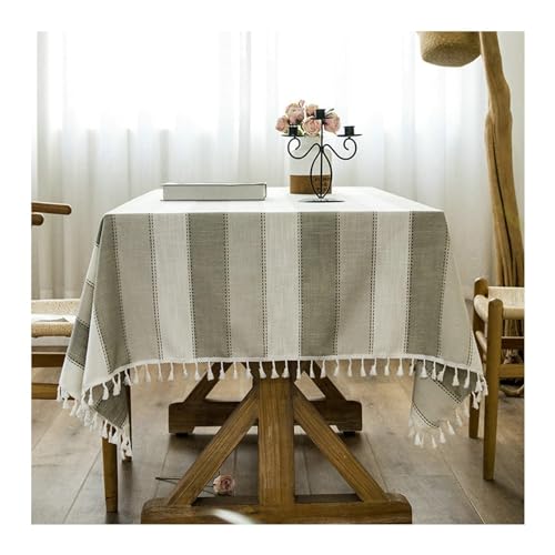 Rechteckige Tischdecke, 90 x 90 cm, waschbarer Polyester-Bezug mit dreifarbigen Streifen und Quasten, ideal für Küche und Esstisch, Hellgrau und Beige, Heimdekoration Rechteckige Tischdecke, 90 x 90 cm, waschbarer Polyester-Bezug mit dreifarbigen Streifen und Quasten, ideal für Küche und Esstisch, Hellgrau und Beige, Heimdekoration von Generisch