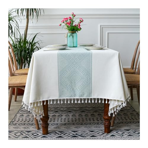 Rechteckige Tischdecke, geometrische Diamanten, 140 x 300 cm, waschbar, Polyester mit Quasten, perfekt für Küche, Esstisch, Dekoration, Beige / Grün von Generisch