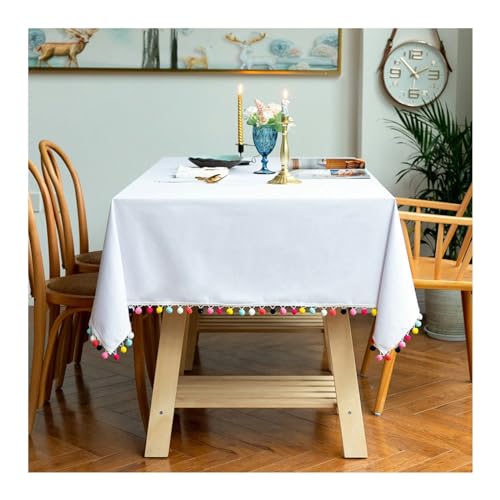 Rechteckige Tischdecke, waschbar, Polyester, einfarbig, mit bunten Quasten und Kugeln, ideal für Partys, Picknicks, Esszimmer und Gartendekoration, 140 x 259 cm Rechteckige Tischdecke, waschbar, Polyester, einfarbig, mit bunten Quasten und Kugeln, ideal für Partys, Picknicks, Esszimmer und Gartendekoration, 140 x 259 cm von Generisch