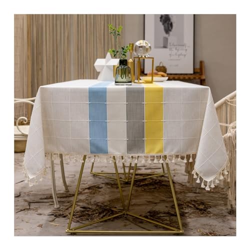 Rechteckige Tischdecke aus Baumwollleinen, 140 x 140 cm, waschbar, gestreiftes und kariertes Design mit Quasten, ideal für Esszimmer und Picknick, Blau, Grau, Gelb Rechteckige Tischdecke aus Baumwollleinen, 140 x 140 cm, waschbar, gestreiftes und kariertes Design mit Quasten, ideal für Esszimmer und Picknick, Blau, Grau, Gelb von Generisch