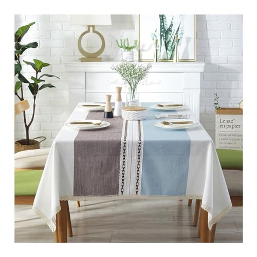 Rechteckige Tischdecke mit Blumenmuster, gestreift, 120 x 180 cm, waschbar, Polyester-Tischdecke mit Spitzenbesatz für Küche, Esszimmer, Kaffee-Blau von Generisch