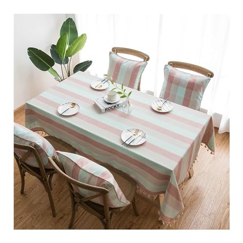 Rechteckige Tischdecke mit dreifarbigen Streifen, 140 x 140 cm, waschbar, Polyester mit Quasten, ideal für Küche, Esszimmer, Picknick und Partys, Rosa, Blau, Grau Rechteckige Tischdecke mit dreifarbigen Streifen, 140 x 140 cm, waschbar, Polyester mit Quasten, ideal für Küche, Esszimmer, Picknick und Partys, Rosa, Blau, Grau von Generisch
