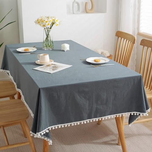 Rechteckige weiße Tischdecke, 140 x 240 cm, dunkelgrau, Baumwoll-Leinen-Tischdecke mit Pompons, schmutzabweisend, Picknick- und Esstischschutz von Generisch