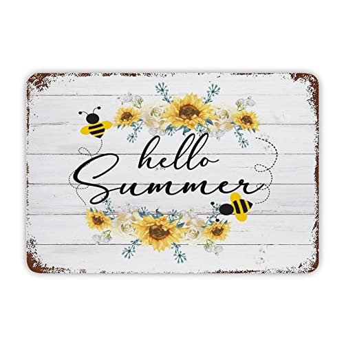 Rero Holzmaserung Blechschild Hello Summer Sonnenblume Biene Honig Zwerg Metallschild toskanisches Sommer-Thema Wandkunst einzigartiges Trinkschild Wandbehang für Regal Badezimmer Garage 30,5 x 20,3 von Generisch