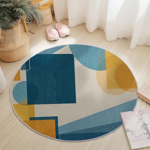 Retro Abstrakte Geometrie Runder Teppich Wohnzimmer, Blau Gelb Style Schlafzimmer Dekoration Teppich Teenager Männer Gaming Zone Rugs Mat rutschfest Washable, 160 cm von Generisch