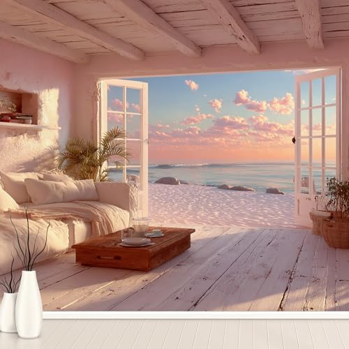 Retro Fensteransicht Meer Tapete Selbstklebende Fototapete Fantasie Rosa Himmel Wolke Tapeten Natur Landschaft Wandtapete Vinyl Wasserdicht Wandaufkleber für Wohnzimmer Schlafzimmer Küchen 250x175 cm von Generisch