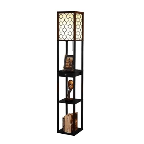 Retro Holz Stehleuchte mit Schublade Hochstange Design 3 Ablagen Fernbedienung Exquisite Dekor für Wohnzimmer und Schlafzimmer Hohe Stehlampe für Stilvolle Beleuchtung von Generisch