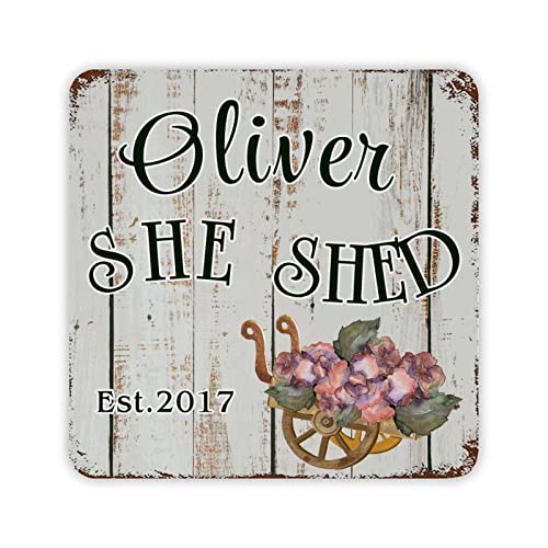 Retro Holzmaserung Blechschild Custom Name Schild Metallschild She Shed Pink Blume Metallplatte Schild Blumenstrauß Wand Tür Plaque für halbes Bad Heimschule fertig zum Aufhängen 30,5 x 30,5 cm von Generisch
