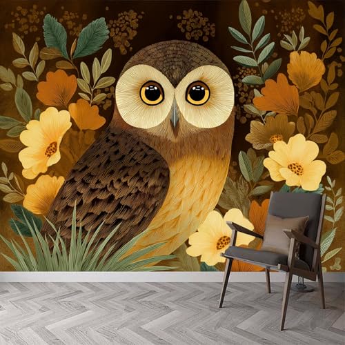 Retro Kinderzimmer Fototapete Wandbild, Blumen Tiere Eule Tapeten Vliestapete für Wohnzimmer Schlafzimmer Kinder Fototapete - leicht anzubringen Wandtapete 300 x 210 cm (B x H) von Generisch