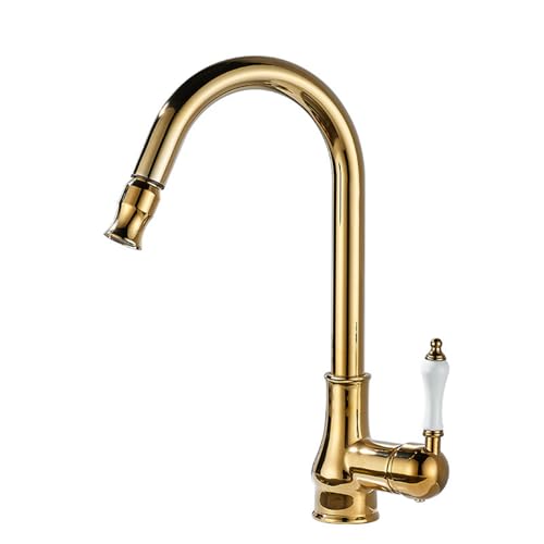 Retro Küchenspüle Wasserhahn mit herausziehbarem Sprühkopf, Schwanenhals-Auslauf, Warm- und Kaltwasser-Mischbatterie, elegantes Gold-Finish für moderne Küchen Retro Küchenspüle Wasserhahn mit herausziehbarem Sprühkopf, Schwanenhals-Auslauf, Warm- und Kaltwasser-Mischbatterie, elegantes Gold-Finish für moderne Küchen von Generisch