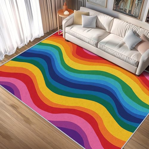 Retro Regenbogen Teppich Groß Wohnzimmer 200x300 Waschbar Mit Muster 70er Bunter Textur Teppiche Gegend Schlafzimmer Deko & Wohnaccessoires, Kurzflor Teppich Weich rutschfest, FD2009 Retro Regenbogen Teppich Groß Wohnzimmer 200x300 Waschbar Mit Muster 70er Bunter Textur Teppiche Gegend Schlafzimmer Deko & Wohnaccessoires, Kurzflor Teppich Weich rutschfest, FD2009 von Generisch