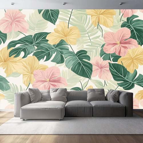 Retro-Stil Fototapete Tropische Blätter Blumen Design 350 x 256 cm (W x H), Moderne Vlies Tapeten Wandtapete für Wohnzimmer Schlafzimmer – Wandbild Wandgemälde Dekoration von Generisch