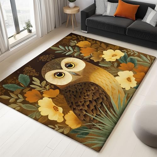 Retro Teppich Wohnzimmer 100 x 160 cm Waschbarer Kurzflor Rutschfester Teppich, Blumen Gras Tier Eule Ultraweicher Teppiche Pflegeleicht Für Flur Schlafzimmer Esszimmer Kinderzimmer von Generisch