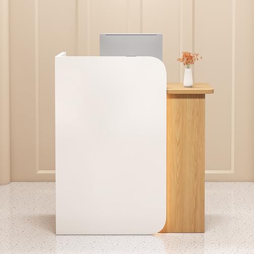 Rezeptionstisch aus Holz mit Schubladen & Schrank – Büro Empfang Theke Kasse für Geschäfte Hotels & Konferenzräume – Weiß & Naturholz Rechte Seite 100 × 45 × 100 cm von Generisch