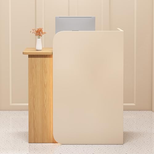 Rezeptionstisch aus Holz mit Schubladen & Schrank – Büro Empfangstheke für Geschäfte, Hotels und Besprechungsräume – Beige & Naturholz-Finish – Linke Seite 60 × 45 × 100 cm von Generisch