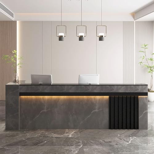 Rezeptionstisch mit Stauraum, moderne Theke für Büros, Einzelhandelsgeschäfte und Salons, elegantes weißes und hellgraues Finish mit weicher Umgebungsbeleuchtung Rezeptionstisch mit Stauraum, moderne Theke für Büros, Einzelhandelsgeschäfte und Salons, elegantes weißes und hellgraues Finish mit weicher Umgebungsbeleuchtung von Generisch