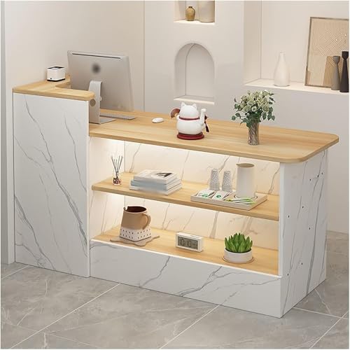Rezeptionstrese, moderner Schreibtisch mit offenem Regal, Holz mit Ausstellungsregal und Schubladen, stilvolles Design, für Kasse, Lobby, Salon oder Geschäft Rezeptionstrese, moderner Schreibtisch mit offenem Regal, Holz mit Ausstellungsregal und Schubladen, stilvolles Design, für Kasse, Lobby, Salon oder Geschäft von Generisch