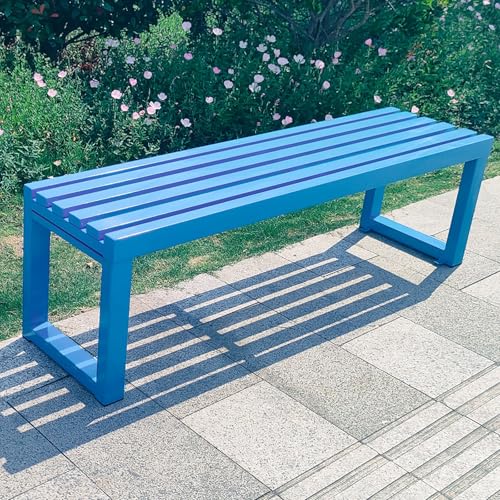 Robuste Gartenbank aus Metall für 2-3 Personen, wetterfeste rückenfreie Sitzgelegenheit, 400 kg Kapazität, stilvolles Latten-Design, 100,1 cm, blaue Terrassen- und Hofmöbel von Generisch