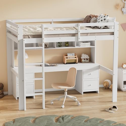 Robustes Hochbett 90x200cm mit Schreibtisch & XXL-Stauraum | Höhenverstellbares Sicherheitsgeländer | Stabile Treppe | Kiefernholz-Massivkonstruktion | Ideal für Kinderzimmer & kleine Räume von Generisch