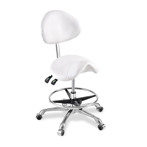 Rollsattelstuhl Mit Rad, Ergonomischer Sattelhocker, Lederhocker Mit Rückenlehne, Höhenverstellbar 45–60 cm, for Salon, Home Studio, Büro(White) von Generisch