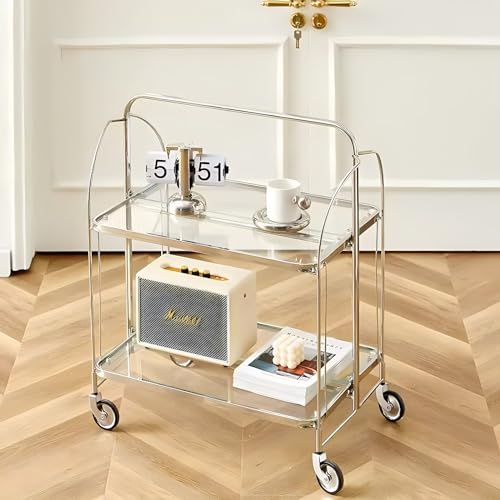 Rollwagen mit 2 Etagen und Glasplatte, Edelstahlrahmen und Rollen, klappbarer Servierwagen für Küche, Allzweck, Wohnzimmer, Esszimmer, mobiler Aufbewahrungswagen (25 x 17 x 31 ih B) von Generisch