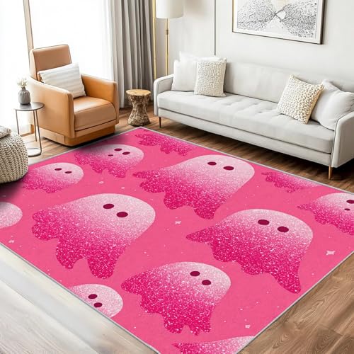 Rosa Geist Teppich Wohnzimmer 140x200 Waschbar, Halloween Ghost Mädchen Teppiche Gegend Schlafzimmer Deko & Wohnaccessoires, Kurzflor Teppich, Weich, rutschfest Bettvorleger, FD865 von Generisch