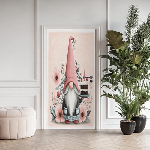 Rosa Zwerge Blume Türaufkleber 90x200 cm - Gartenzwerg Blumen Kuchen 3D Türtapete Selbstklebend Abnehmbar Wasserdicht Vinyl Türposter Fototapete Türdeko für Wohnzimmer Schlafzimmer von Generisch