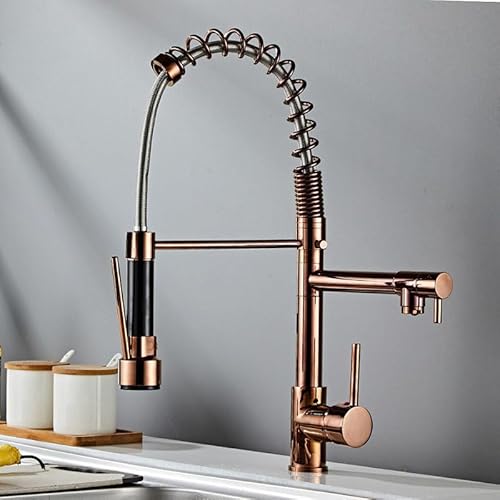 Roségoldene Küchenspüle Mischbatterie mit herausziehbarer Brause 360° schwenkbar Doppelauslauf Wasserhahn Einhebel-Design für einfache Steuerung moderner Federhahn für Zuhause Küche von Generisch