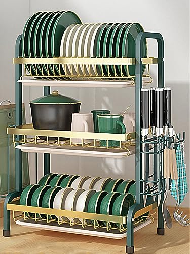 Rostfreies Abtropfgestell mit 3 Etagen, platzsparendes Küchen-Schneidebrett, abnehmbares Abtropfgestell, elegantes goldgrünes Design von Generisch