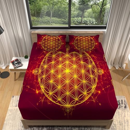 Rot Spannbettlaken-Set Blume des Lebens Im Orientalischen Stil Motiv, 140 x 200 cm Gebürstete Mikrofaser Spannbetttuch mit Gummiband, 30 cm Tiefe Taschen Matratzenschoner von Generisch