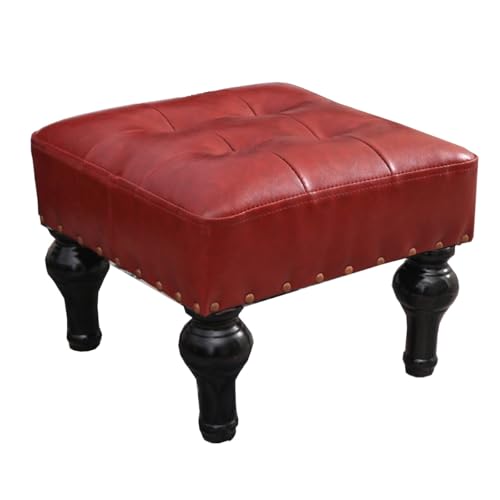 Roter Leder-Pouf Ottomane – stapelbare Fußstütze mit Holzbeinen für Wohnzimmer, Schlafzimmer, Eingangsbereich – gepolsterter kleiner Hocker für Sofa und Heimdekoration von Generisch
