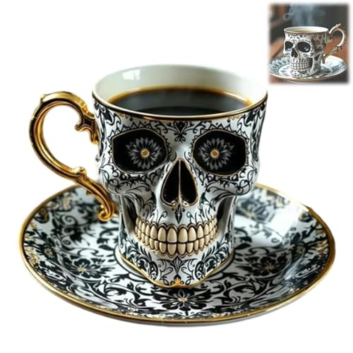 Royal Skull Kaffeetasse, Totenkopf-Kaffeetasse mit Untertasse, Gothic-Porzellan-Teetasse mit Goldrand, Totenkopf-Kaffeetasse für Kaffeeliebhaber und Sammler, Heimbüro, Halloween-Dekor (A) von Generisch