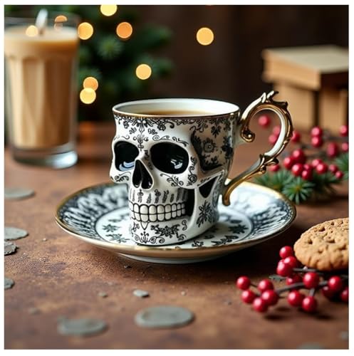 Royal Skull Kaffeetasse, Totenkopf-Kaffeetasse mit Untertasse, Gothic-Porzellan-Teetasse mit Goldrand, Totenkopf-Kaffeetasse für Kaffeeliebhaber und Sammler, Heimbüro, Halloween-Dekor (C) von Generisch