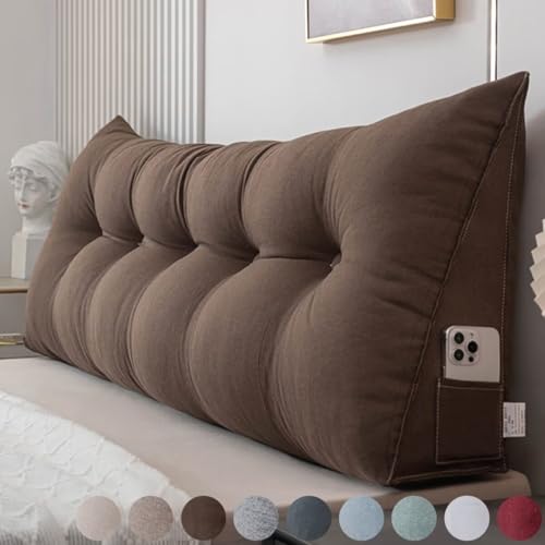 Rückenkissen Bett 60cm Khaki, Leinen Rückenlehne Kissen, Keilkissen kopfteil, Waschbar Abnehmbar Lesekissen für und Sofa, Rückenstützkissen Lendenkissen mit Seitentasche von Generisch
