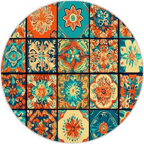Rund Teppiche Farbenfrohe Collage aus Porzellan Ziegeln Bohème Weich Flauschiger Vorleger rutschfest Teppich Flannel Bettvorleger Teppiche Gegend für Kinderzimmer, Wohnzimmer, Größe: 200 cm von Generisch